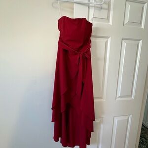Strapless Red Layered Occasion Dress with Waist Tie